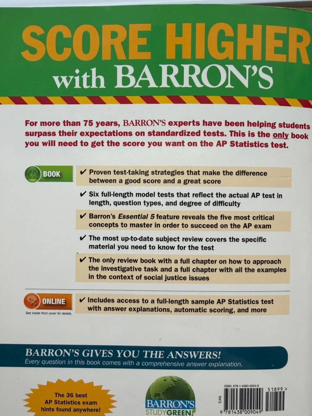 Barrons AP Statistics 9th Ed. Test Prep Martin Sternstein Paperback Study Guide